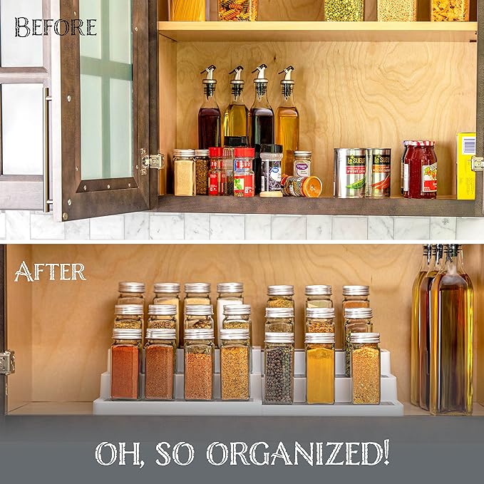 Oizeir Plastic 3-Tier Expandable Spice Rack, Adjustable Length, Stability with Non-Skid Shelf, For Easy Visibility, Organizer for Kitchen Cabinet, Pantry or Countertop, (2-Pack), White/Grey