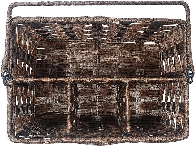 Kovot Poly-Wicker Woven Cutlery Storage Organizer Caddy Tote Bin Basket for Kitchen Table, Cabinet, Pantry, Indoor & Outdoor - Woven Polypropylene | Measures 9.5" x 6.5" x 5" (Dark Brown)