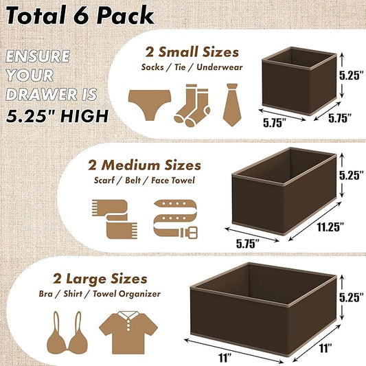Simple Houseware Underwear Drawer Organizer for Lingerie/Undergarment/Bra/Panty/Sock/Onesie, Set of 6, Brown