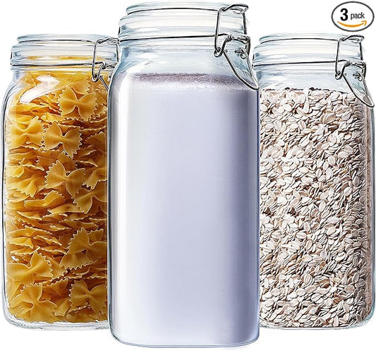78oz - 3 Pack Square Glass Jars with Airtight Lid, Wide Mouth Mason Jars with Clamp Lids, Air Tight Glass Canisters, Best Food Storage Containers for Flour, Sugar, Cereal, Pasta, Rice, Coffee, Spice