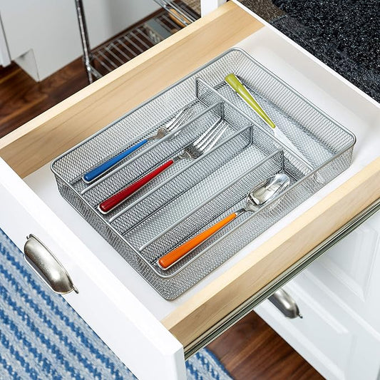 Honey-Can-Do KCH-02154 Steel Mesh 5-Compartment Cutlery Utensil Organizer, Silver