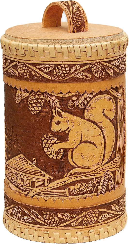 Wooden Kitchen Jar, Birch Bark Canister, Farmhouse Style Wood Container, Tall Round Storage Box Squirrel, D 4,7"(12cm), H 7,9"(20cm)