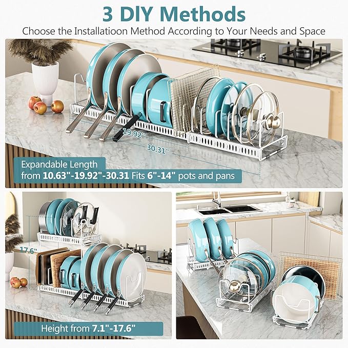 3 Pack Expandable Pan Organizer for Cabinet, Pot and Pan Organizer Under Cabinet Lid Holder Rack with 14 Adjustable Compartment for Kitchen Cabinet Cookware Baking Frying Rack (Black)