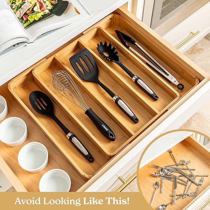 SMIRLY Silverware Drawer Organizer – Bamboo Kitchen Drawer Organizer, Adjustable Utensil Holder and Cutlery Tray, Drawer Dividers for Flatware and Kitchen Utensils