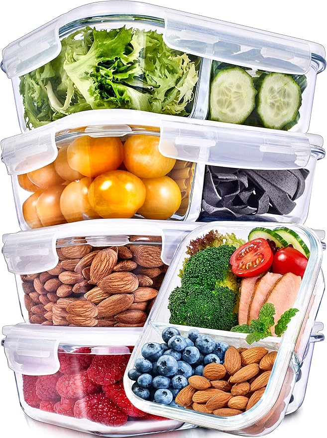 PrepNaturals 5 Pack 36 Oz Glass Meal Prep Containers - Dishwasher Microwave Freezer Oven Safe - Glass Storage Containers with Lids (Multi-Compartment)