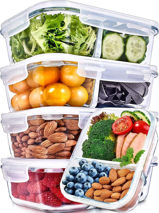 PrepNaturals 5 Pack 36 Oz Glass Meal Prep Containers - Dishwasher Microwave Freezer Oven Safe - Glass Storage Containers with Lids (Multi-Compartment)