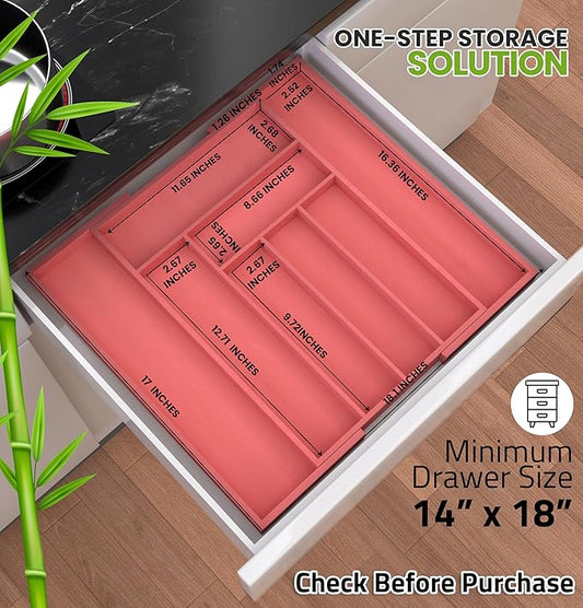 Utopia Kitchen Silverware Organizer, Expandable Bamboo Utensil Drawer Organizer, Kitchen Drawer Organizer, Silverware Organizer for Cutlery, Utensils, Flatware Holder (6-8 Slots, Coral) Pack of 1