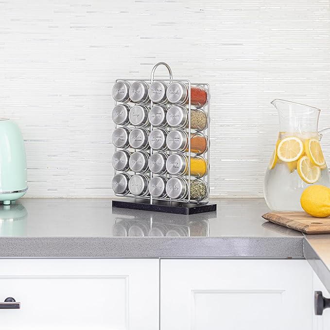 Orii 20 Jar Spice Rack Stainless Steel with Spices Included - Standing Rack Shelf Holder & Countertop Spice Rack Tower Organizer for Kitchen Spices with Spice Refills for 5 Years