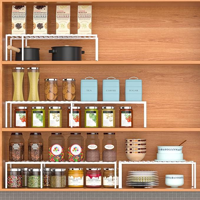 Redrubbit 2 Pack Expandable Cabinet Storage Shelf Rack - Kitchen Counter and Cabinet Shelf - Steel Metal Wire - Cupboard, Plate, Dish, Counter & Pantry Organization - White