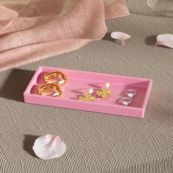Vanity and Bathroom Tray, 6.3" ABS Countertop Organizer,Waterproof Vanity Tray for Toilet Tank,Perfume,Soap,Keys,Bathroom Accessories,Kitchen and Bath Trays,Non Slip Small Trays,Pink