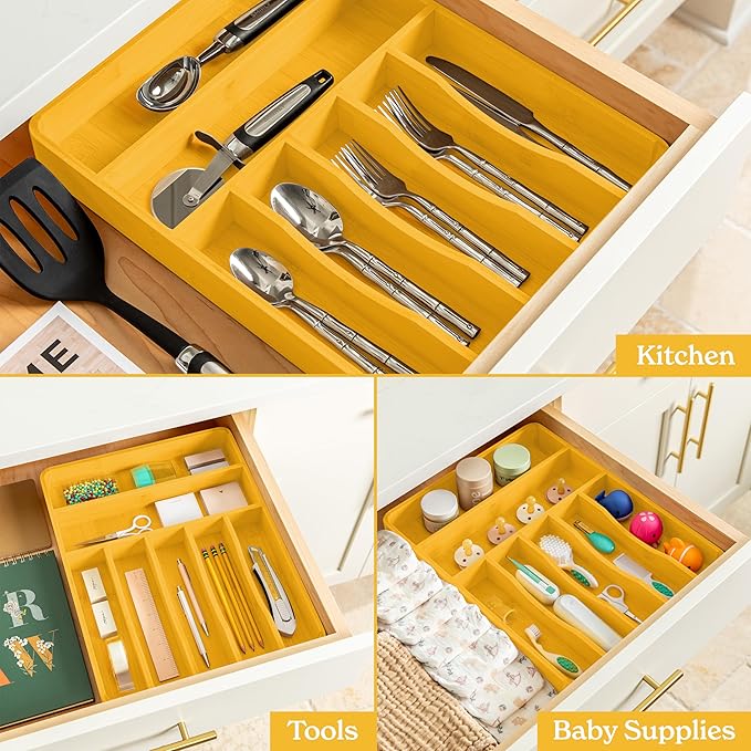 SMIRLY Silverware Drawer Organizer – Bamboo Kitchen Drawer Organizer, Adjustable Utensil Holder and Cutlery Tray, Drawer Dividers for Flatware and Kitchen Utensils
