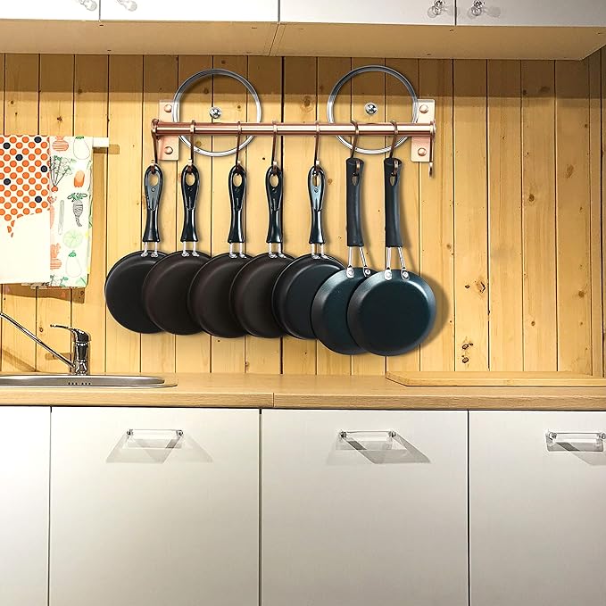 Dseap Kitchen Utensil Holder Hanger, Pot and Pan Rack Wall Mounted, Kitchen Rail with 8 Hooks for Hanging Cooking Utensils, Mugs, Spoons, Wall Mounted, Rose Gold, Pack of 2