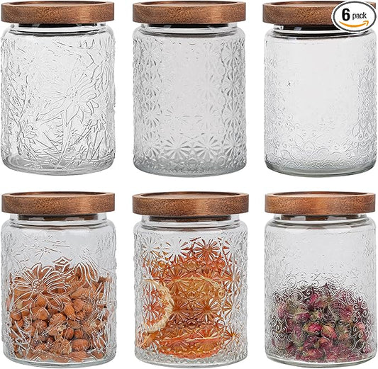 6 Pack 24oz Vintage Glass Jar with Wooden Lid – BPA-Free, Airtight Food Storage Canister for Kitchen Counter, Pantry, Coffee, Sugar, Spices & Dry Foods