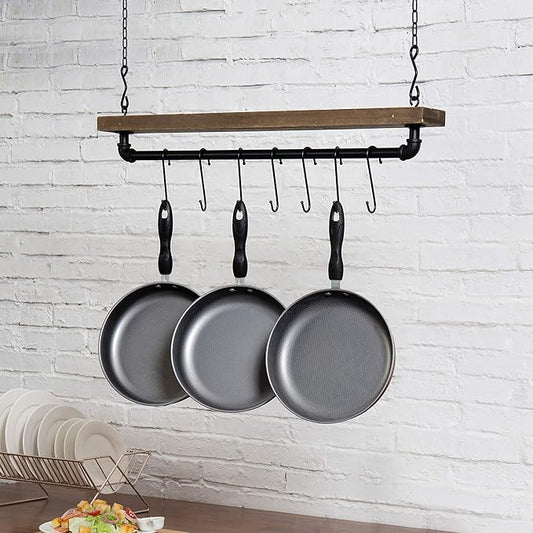MyGift 30 Inch Ceiling or Wall Mounted Pot Rack with Rustic Brown Solid Wood Shelf and Industrial Matte Black Metal Pipe, Hanging Cookware Utensils Organizer with 8 S-Hooks