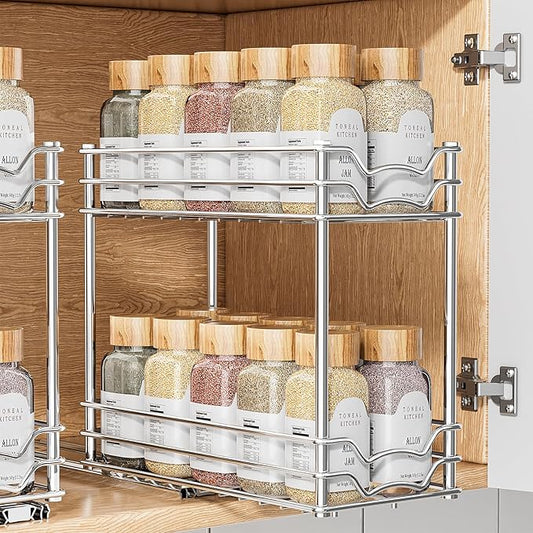 Pull Out Spice Rack Organizer for Inside Cabinet, Slide Out Chrome Spice Organization for Cabinet, Easy to Install Seasoning Organizer for Kitchen Storage, 4.9''Wx10.4''Dx9.57''H - 2 Tier