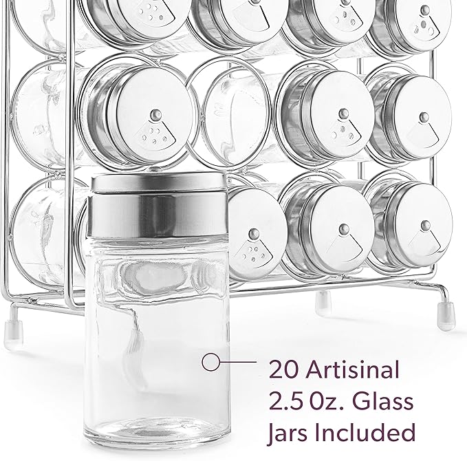 Mindspace Spice Rack Organizer with Set of 20 Glass Spice Jars Included Spices and Seasoning Rack for Countertop or Cabinet | The Wire Collection, Chrome (Spices NOT Included)