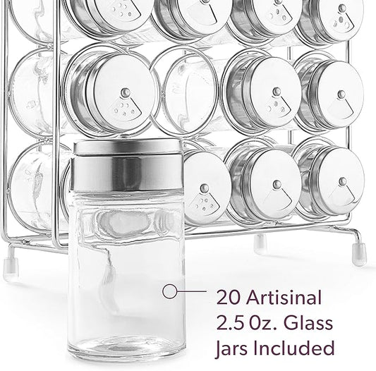 Mindspace Spice Rack Organizer with Set of 20 Glass Spice Jars Included Spices and Seasoning Rack for Countertop or Cabinet | The Wire Collection, Chrome (Spices NOT Included)