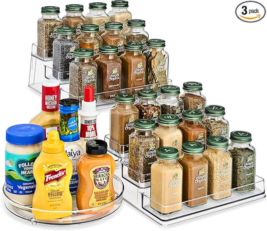 Sorbus Pantry Spice organizer Set, 3-Tier Seasoning Organizer for Cabinet (2 Pack) and Lazy Susan Spice Rack Turntable 9-Inch, Spice Organization for Cabinet, Condiment Organizer Pantry & Refrigerator