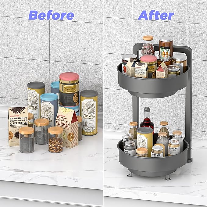 KMC Dual Spice Rack Organizer Rotating Double Tier Spice Rack Organizer for Cabinets 17.5 * 10 * 11 Inches Pantry Spice Storage for Kitchen, Bathroom, Washroom (Black)