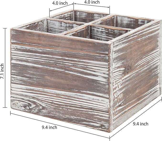 MyGift Rustic Torched Wood Square Cooking Utensil Holder for Kitchen Counter Organizer, Flatware Storage Caddy with 4 Divided Compartments