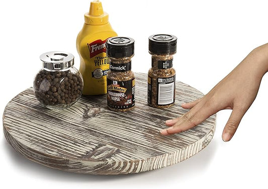MyGift 12.8 Inch Round Rustic Torched Wood Lazy Susan Spinning Turntable Tray, Rotating Wooden Countertop Spice Rack, Kitchen Cabinet Organizer Home Decor