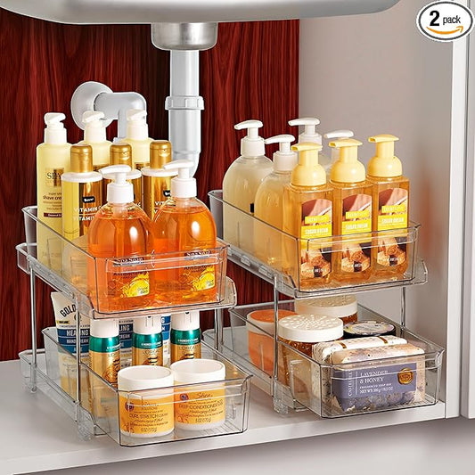 Masirs 2-Tier Clear Pull-Out Drawer Organizer - Sleek, Compact & Sturdy Makeup and Closet Organizer - Easy Assembly Kitchen Storage Solution, Ideal for Makeup, Tools, Medicines & Snacks - Pack of 2