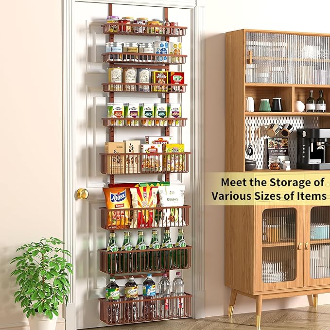 Moforoco Over The Door Pantry Organizer, Pantry Door Organizer Shelves, Kitchen Organizers and Storage, Hanging Basket Wall Spice Rack Seasoning Shelves, Laundry Room Bathroom accessories（Brown ）