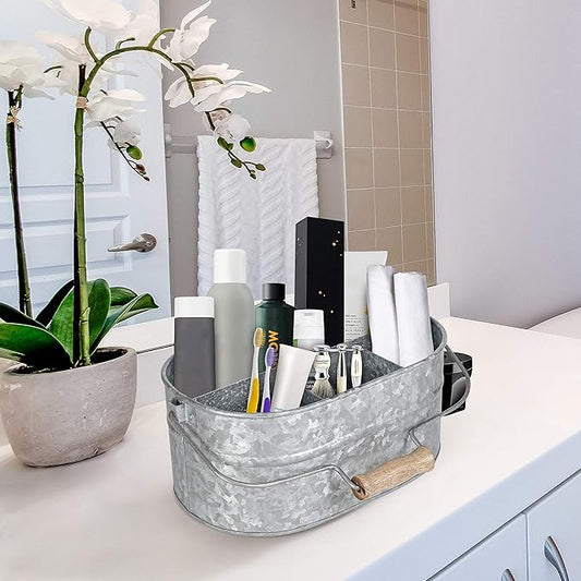 Alpha Living Home - Galvanized Metal Utensil Caddy – Rustic Farmhouse Organizer for Kitchen, Buffet & Outdoor Events, 13.5"x10"x5.5" with Removable Handle & Multi-Compartment Storage
