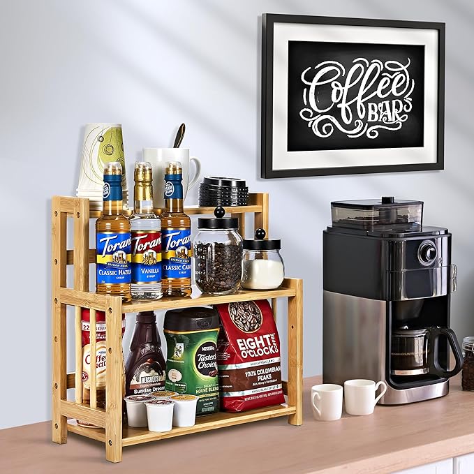 Sorbus Coffee Bar Organizer - Bamboo Wooden Storage Shelf for Kitchen Countertop - Coffee Station Accessories Rack for Mugs, Cream, Syrup, Cups, Spices, Kitchen Condiments (3-Tier)