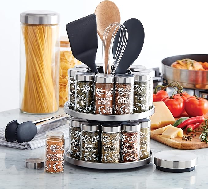 Kamenstein 20 Jar Revolving Spice Rack with Integrated Tool Caddy, Brushed Stainless Steel with Stainless Steel Caps