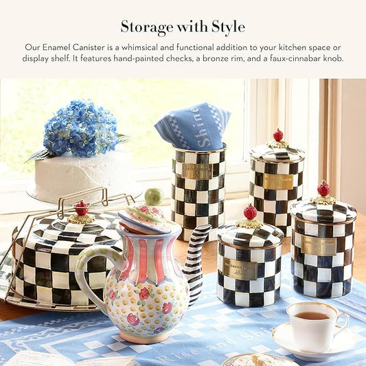 MACKENZIE-CHILDS Small Enamel Canister, Kitchen Storage Container for Flour and Sugar, 1.13 Liters, Black-and-White Courtly Check