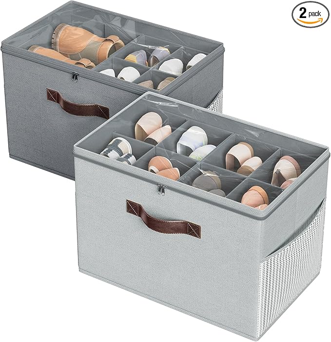 Budding Joy 2 Pack Shoe Organizer for Closet, Clear Foldable Shoe Storage Containers Adjustable Dividers Fits 16 Pairs,Shoe Storage Bins Baskets Boxes with Reinforced Handles Light Grey Greenish Grey