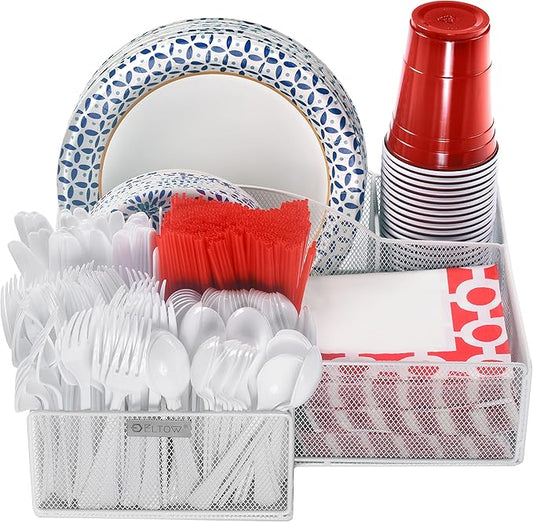 ELTOW Paper Plate Organizer for Countertop, 8 Compartment Breakroom Organizer, Utensil Caddy for Parties, Holds Plates, Silverware, Cups, Napkins, Cutlery Caddy Great for Home, RV - White