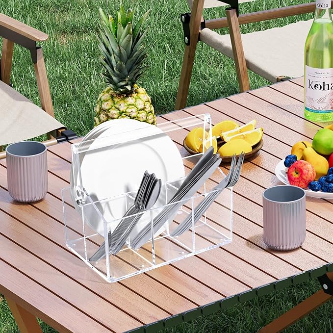 Silverware Organizer, Paper Plate Holders, Cutlery and Flatware Caddy for Countertop, Table, Buffet, and Picnic - Acrylic Party Utensil Holder for Knives, Forks, Spoons, Plates, Napkins