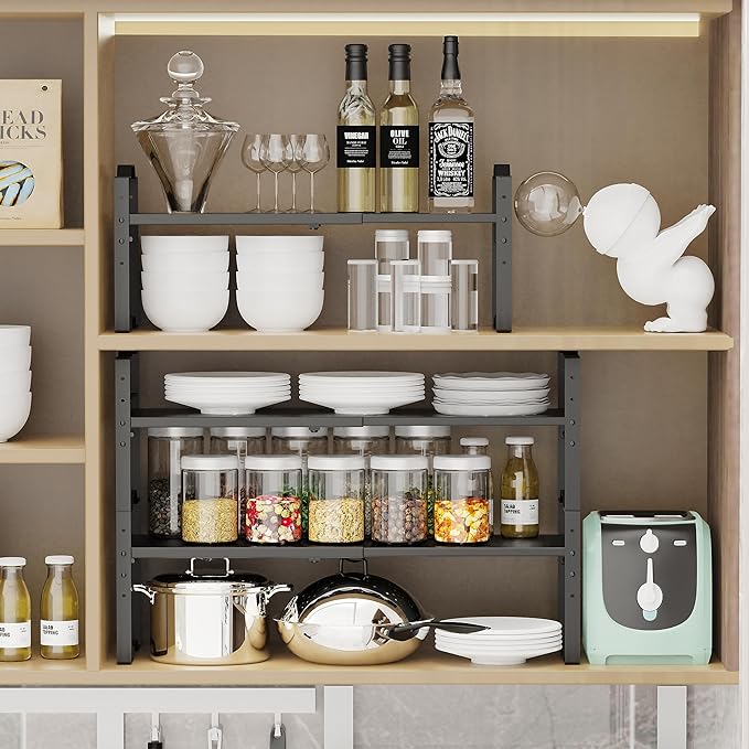 Expandable Shelf for Cabinet Organizer Adjustable Stackable Spice Rack at Kitchen and Bathroom More, Counter Countertop Cupboard Organization Pantry Storage (2 Packs/Black, Medium)