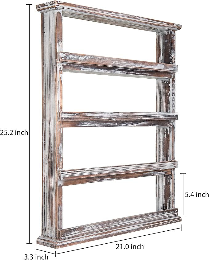 MyGift Rustic Torched Wood Wall Hanging Spice Rack, 4 Tier Seasoning Jar Shelves Pantry Organizer