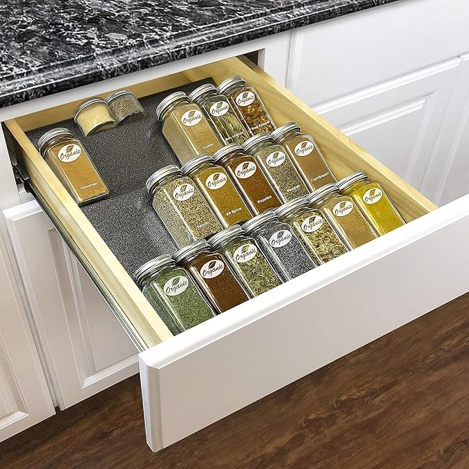 LYNK PROFESSIONAL® Spice Drawer Organizer - Heavy Gauge Steel 4 Tier Rack - Drawer Insert Tray for Jars, Herbs and Seasoning - Kitchen Cabinet Storage - Silver Metallic, Large