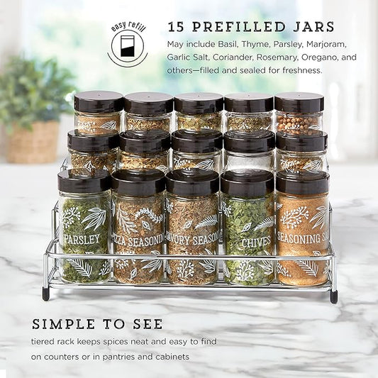Kamenstein 15 Jar Lincoln Countertop Spice Rack with Spices Included, FREE Spice Refills for 5 Years, Chrome with Black Caps , 9.5 x 5.8 x 9