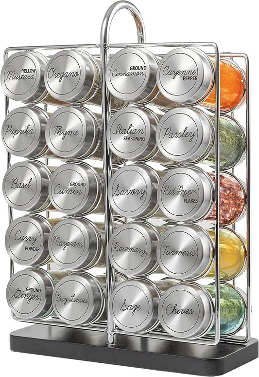 Orii 20 Jar Spice Rack Stainless Steel with Spices Included - Standing Rack Shelf Holder & Countertop Spice Rack Tower Organizer for Kitchen Spices with Spice Refills for 5 Years