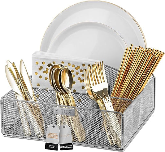 ELTOW Silverware Holder and Paper Plate Organizer for Countertop, 6 Compartment Utensil Caddy for Parties, Home, Office, or RV Lifestyle (Silver)