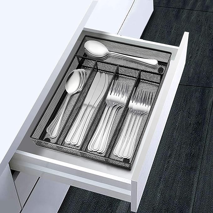 LIANYU Silverware Utensil Drawer Organizer, 5 Compartments Steel Mesh Cutlery Flatware Tray with Foam Feet, 9 1/4" W x 12 1/2" L x 2" H, Black