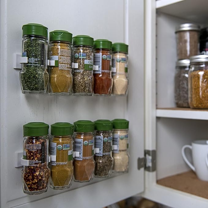 Spice Clip Strips For Cabinet Doors - Organizer for Spices - Spice Rack Holds15 Spice Jars - 3M Adhesive Gripper Clip Strips In White For Pantry 15 Ct