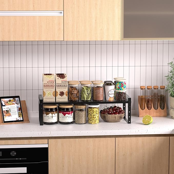 Expandable Stackable Aadjustable Spice Rack Pantry Shelf for Kitchen Cabinets Counter Shelves Countertop Cupboard Storage Solution,Sturdy Heavy-Duty Metal Construction(1Pack/Black/Large)