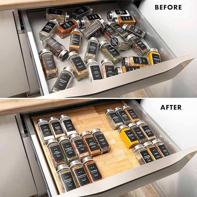 Bamboo Spice Drawer Organizer - Expandable 4 Tier Spice Rack (Need 3" Deep Drawer) 12" to 23" Wide, Seasoning Organizer, Organization Seasoning Rack insert for Kitchen Cabinet (Jars Not Included)