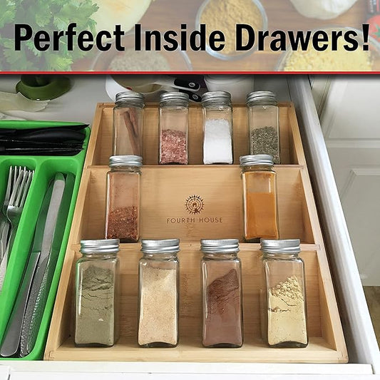 Fourth House Bamboo Spice Rack for Drawer or Countertop - Spice Organizer Holder for Kitchen Spices