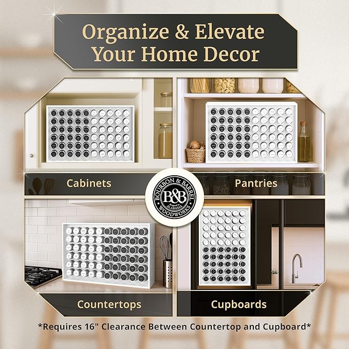BOURBON & BARREL Wooden Spice Rack Organizer with Glass Jars | Stainless Steel Lids | Bamboo Countertop Spice Organization | 350 Waterproof Spice Labels | 2 Chalk Markers | 60 4oz Jars [White]