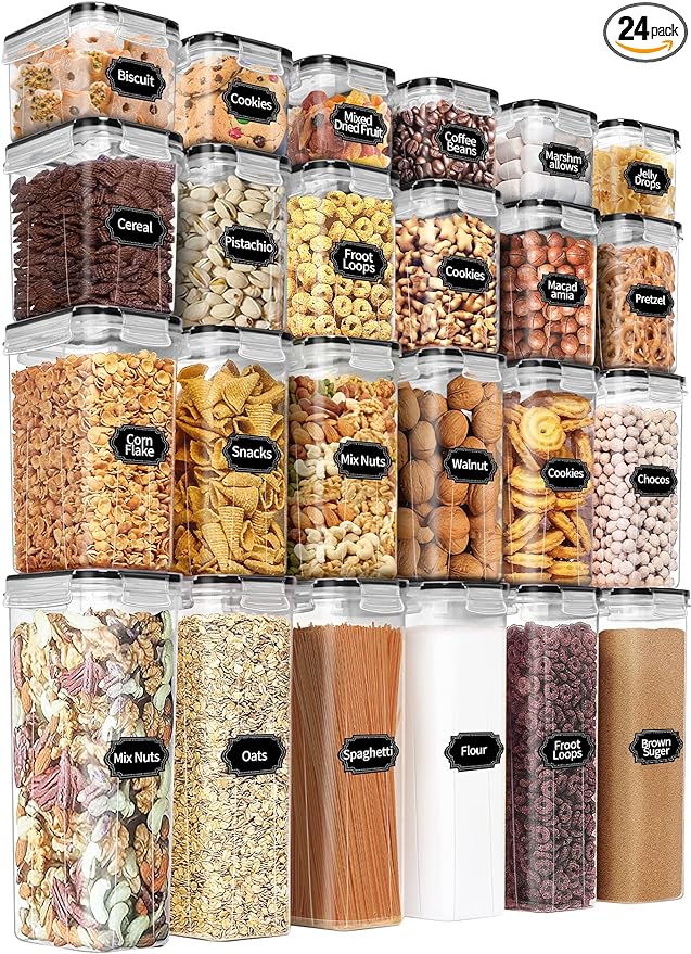 PRAKI Airtight Food Storage Containers Set with Lids - 24 PCS, BPA Free Kitchen and Pantry Organization, Plastic Leak-proof Canisters for Cereal Flour & Sugar - Labels & Marker