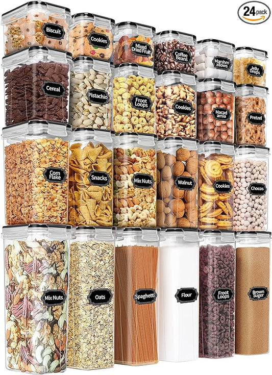 PRAKI Airtight Food Storage Containers Set with Lids - 24 PCS, BPA Free Kitchen and Pantry Organization, Plastic Leak-proof Canisters for Cereal Flour & Sugar - Labels & Marker