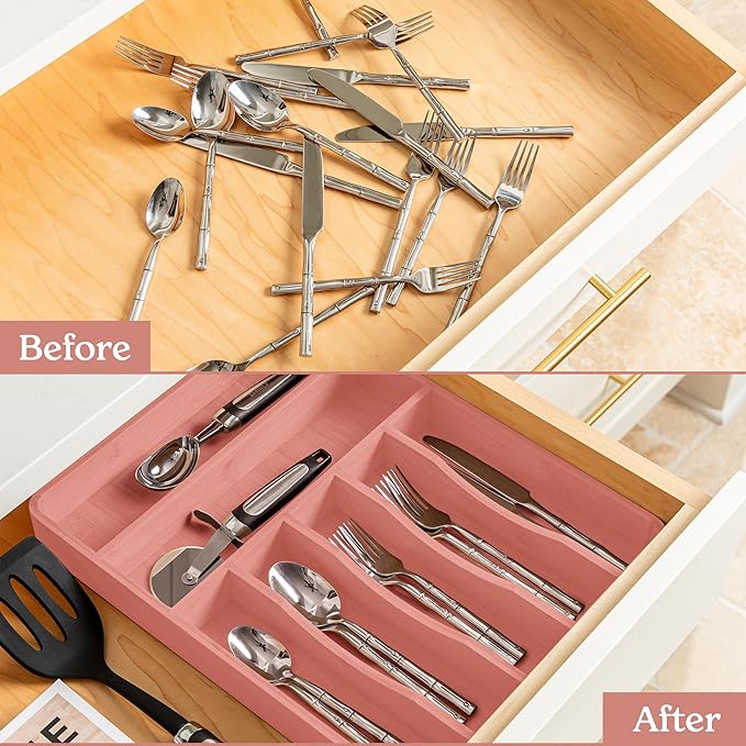 SMIRLY Silverware Drawer Organizer – Bamboo Kitchen Drawer Organizer, Adjustable Utensil Holder and Cutlery Tray, Drawer Dividers for Flatware and Kitchen Utensils
