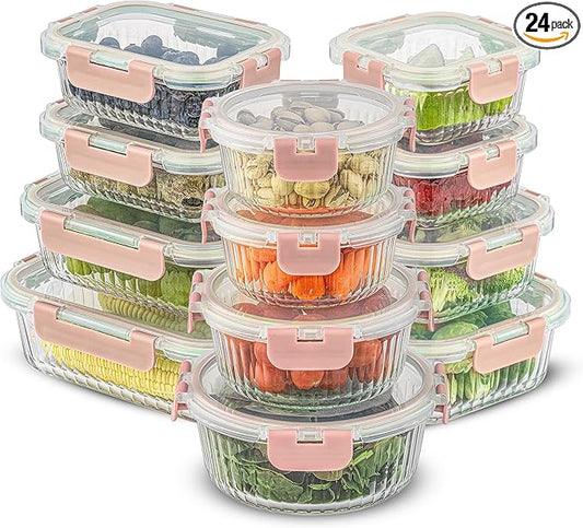 JoyJolt 24pc Fluted Glass Storage Containers with Lids. 12 Airtight, Freezer Safe Food Storage Containers, Pantry Kitchen Storage Containers, Glass Meal Prep Containers for Lunch
